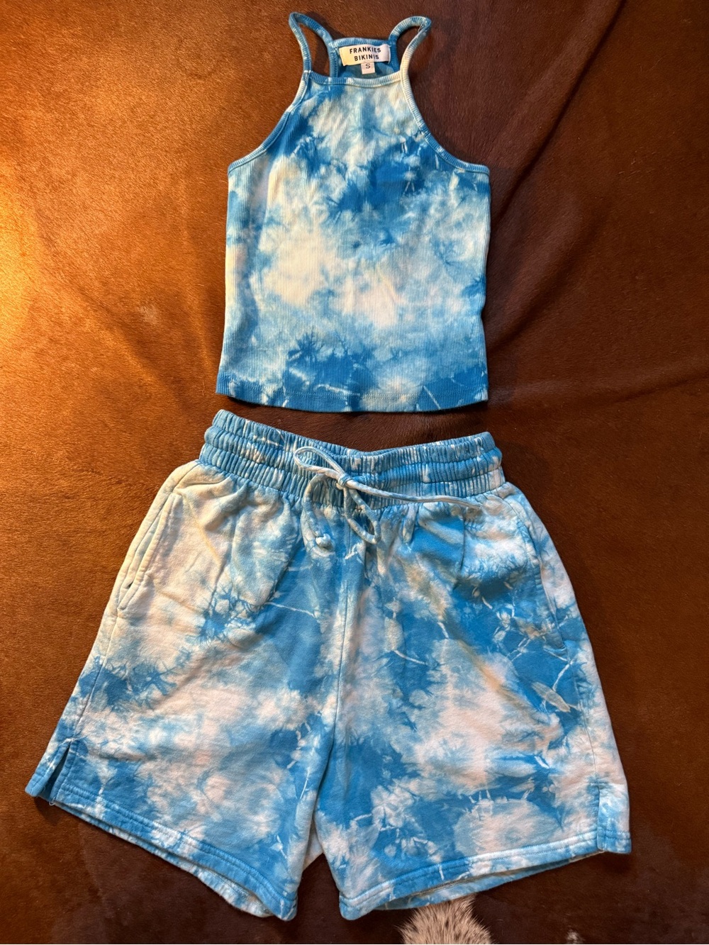 Frankie's Bikinis Blue and White Tie-Dye Tank Top and Shorts Set